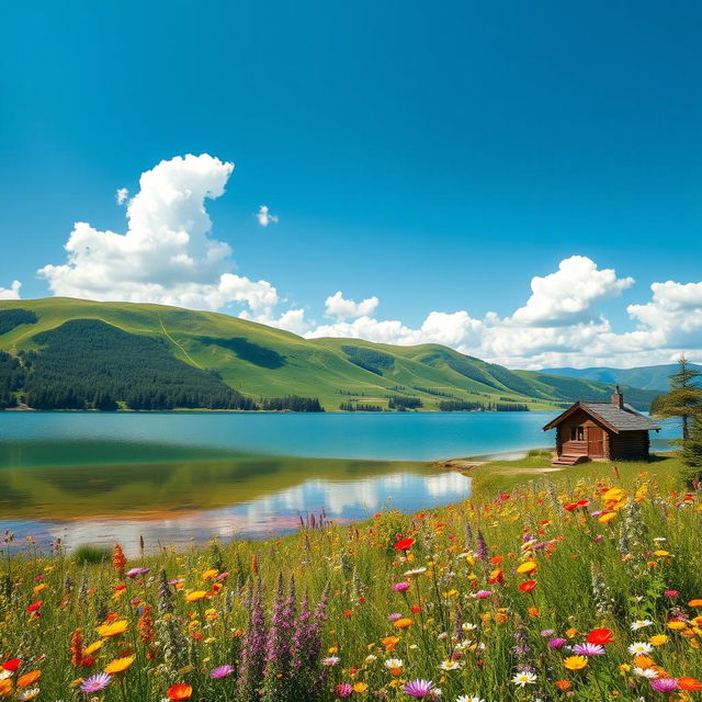 A serene landscape featuring lush green hills under a bright blue sky, dotted with fluffy white clouds