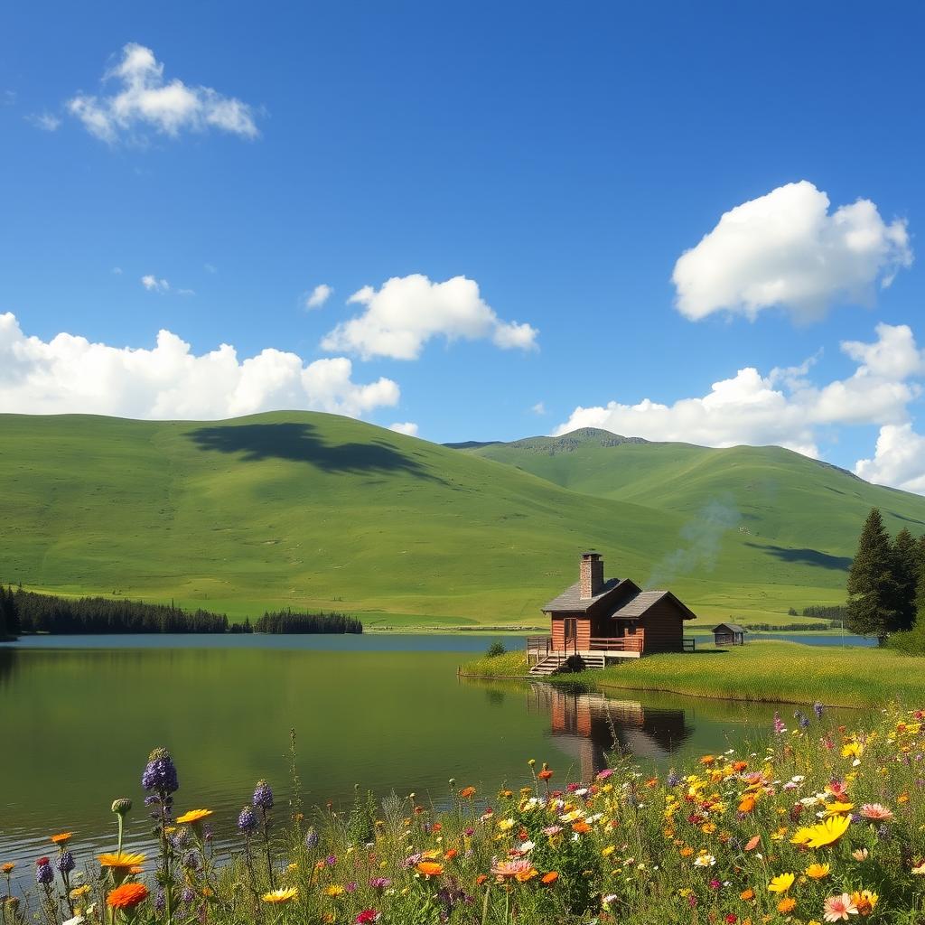 A serene landscape featuring lush green hills under a bright blue sky, dotted with fluffy white clouds