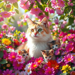 A serene scene featuring a beautiful cat surrounded by an abundance of vibrant flowers in various colors and types, creating a picturesque and lush environment
