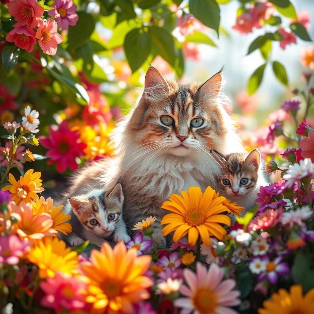 A serene scene featuring a beautiful cat surrounded by an abundance of vibrant flowers in various colors and types, creating a picturesque and lush environment