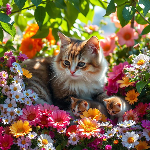 A serene scene featuring a beautiful cat surrounded by an abundance of vibrant flowers in various colors and types, creating a picturesque and lush environment