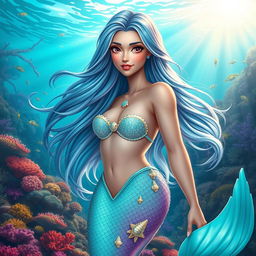 A stunning mermaid with flowing, iridescent long hair, featuring the same facial structure and expression as in the provided reference