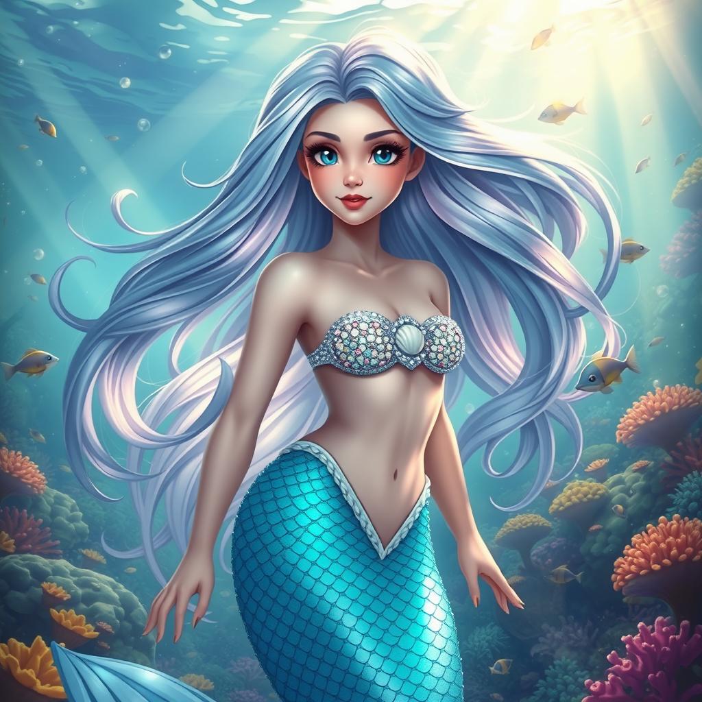 A stunning mermaid with flowing, iridescent long hair, featuring the same facial structure and expression as in the provided reference