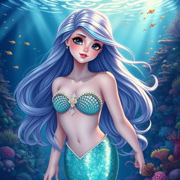 A stunning mermaid with flowing, iridescent long hair, featuring the same facial structure and expression as in the provided reference