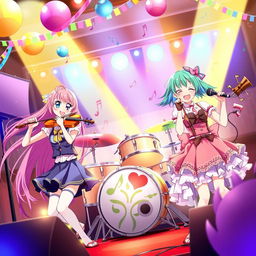 A vibrant scene featuring a group of anime girls joyfully playing various musical instruments, surrounded by colorful decorations and music notes flowing around them