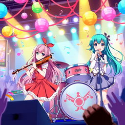 A vibrant scene featuring a group of anime girls joyfully playing various musical instruments, surrounded by colorful decorations and music notes flowing around them