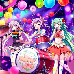A vibrant scene featuring a group of anime girls joyfully playing various musical instruments, surrounded by colorful decorations and music notes flowing around them