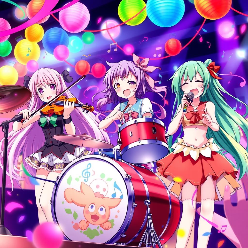 A vibrant scene featuring a group of anime girls joyfully playing various musical instruments, surrounded by colorful decorations and music notes flowing around them