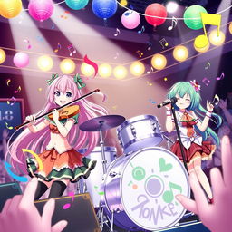 A vibrant scene featuring a group of anime girls joyfully playing various musical instruments, surrounded by colorful decorations and music notes flowing around them