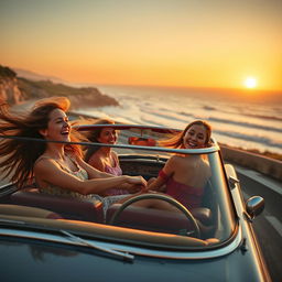 A vibrant scene of teenage girls joyfully driving in a vintage convertible along a picturesque coastal road during sunset, showcasing laughter, carefree spirits, and colorful outfits