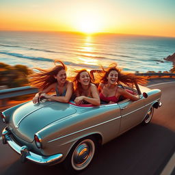 A vibrant scene of teenage girls joyfully driving in a vintage convertible along a picturesque coastal road during sunset, showcasing laughter, carefree spirits, and colorful outfits