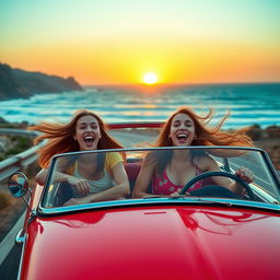 A vibrant scene of teenage girls joyfully driving in a vintage convertible along a picturesque coastal road during sunset, showcasing laughter, carefree spirits, and colorful outfits