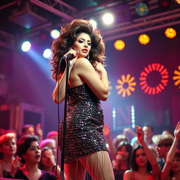 A mesmerizing solo singer performing on stage in a 1980s music hall, with a captivating presence that draws in the audience