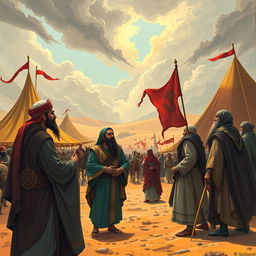 A vibrant and solemn depiction of the historical event of Karbala, featuring a desert landscape as the background, with large tents and banners