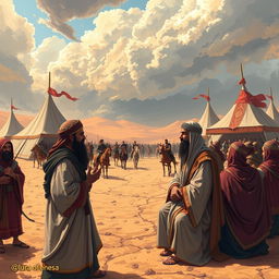 A vibrant and solemn depiction of the historical event of Karbala, featuring a desert landscape as the background, with large tents and banners