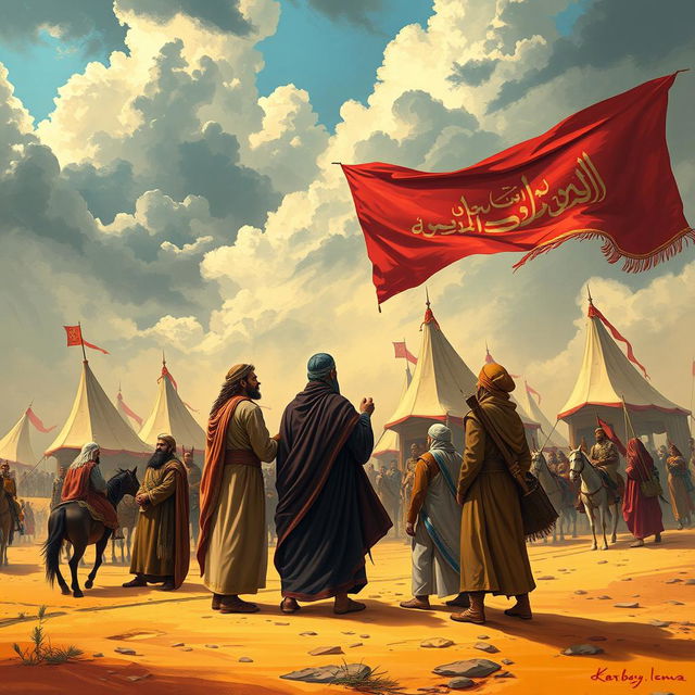 A vibrant and solemn depiction of the historical event of Karbala, featuring a desert landscape as the background, with large tents and banners