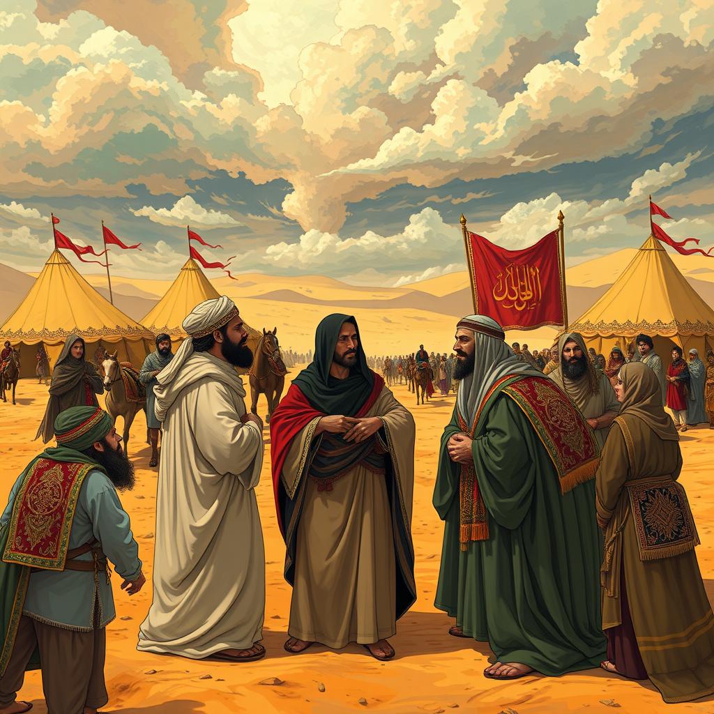 A vibrant and solemn depiction of the historical event of Karbala, featuring a desert landscape as the background, with large tents and banners