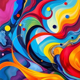 An abstract composition featuring vibrant colors, dynamic shapes, and fluid forms