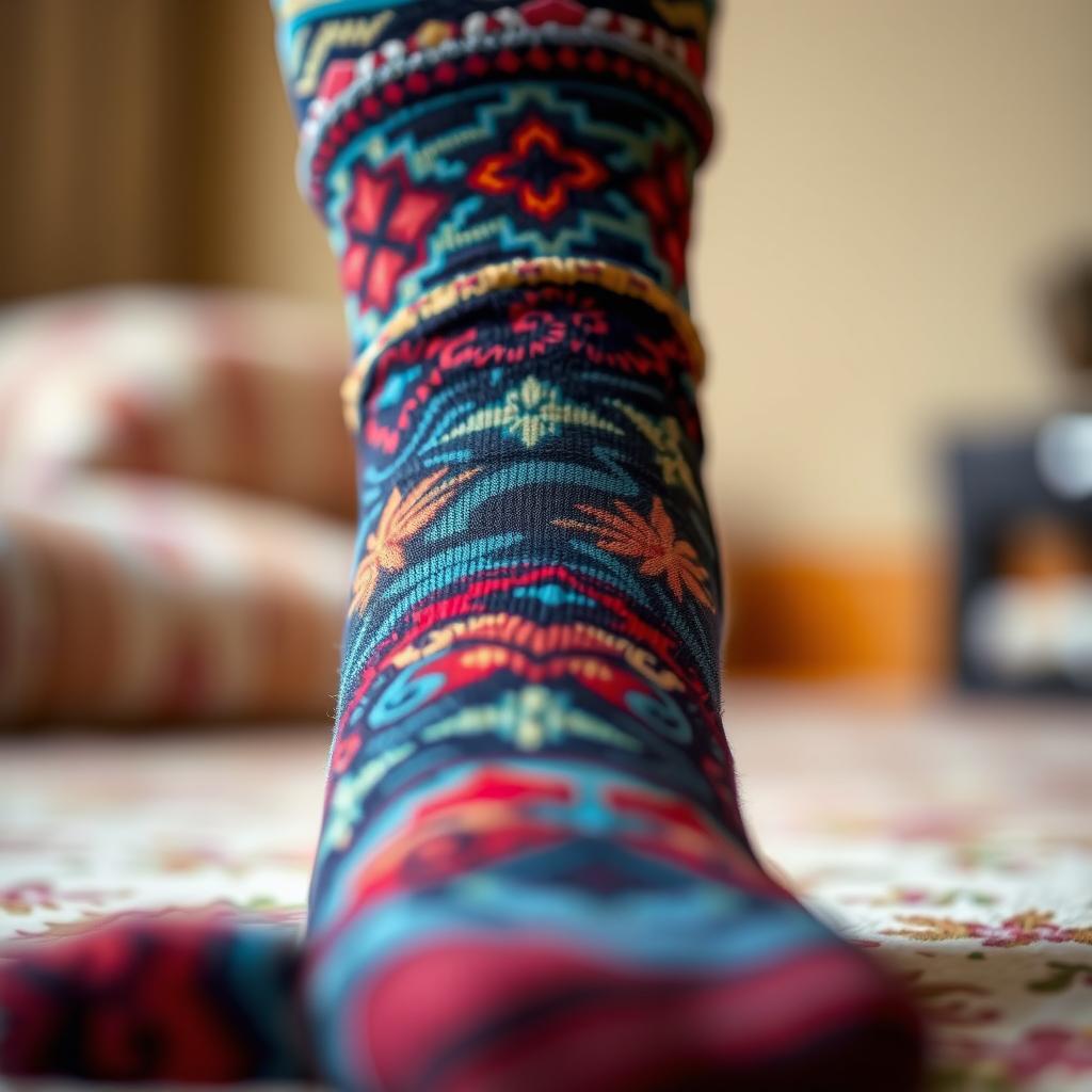 A close-up view of a high-quality pair of socks, showcasing intricate patterns and vibrant colors