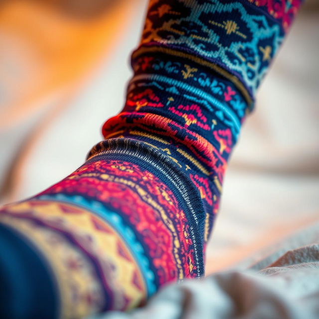 A close-up view of a high-quality pair of socks, showcasing intricate patterns and vibrant colors