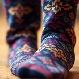 A close-up view of a high-quality pair of socks, showcasing intricate patterns and vibrant colors