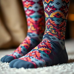 A close-up view of a high-quality pair of socks, showcasing intricate patterns and vibrant colors