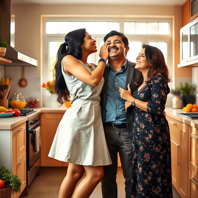 An Indian college girl wearing a fashionable short skirt is playfully kissing her father in a bright, modern kitchen