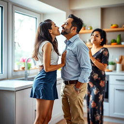 An Indian college girl wearing a fashionable short skirt is playfully kissing her father in a bright, modern kitchen