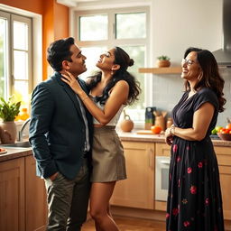 An Indian college girl wearing a fashionable short skirt is playfully kissing her father in a bright, modern kitchen