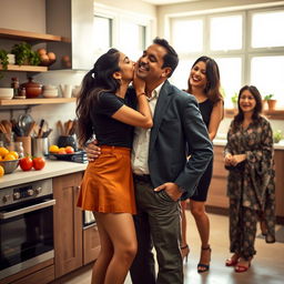 An Indian college girl wearing a fashionable short skirt is playfully kissing her father in a bright, modern kitchen