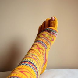 A close-up view of a single foot wearing a cozy, brightly-colored sock, with intricate patterns and textures visible