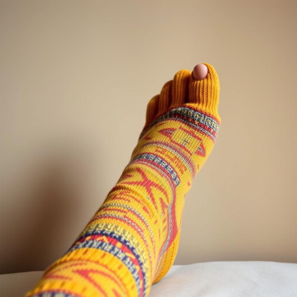A close-up view of a single foot wearing a cozy, brightly-colored sock, with intricate patterns and textures visible