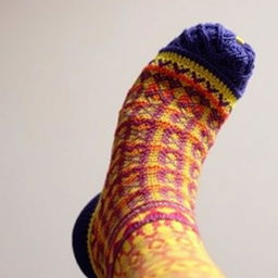 A close-up view of a single foot wearing a cozy, brightly-colored sock, with intricate patterns and textures visible