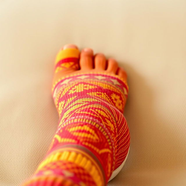 A close-up view of a single foot wearing a cozy, brightly-colored sock, with intricate patterns and textures visible