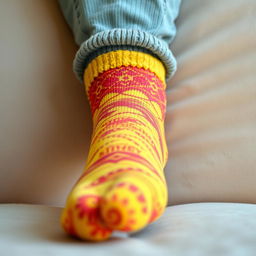 A close-up view of a single foot wearing a cozy, brightly-colored sock, with intricate patterns and textures visible