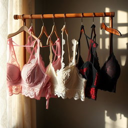 A beautifully displayed collection of elegant bras hanging on a vintage wooden rack, with soft, diffused sunlight filtering through a sheer lace curtain