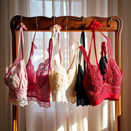 A beautifully displayed collection of elegant bras hanging on a vintage wooden rack, with soft, diffused sunlight filtering through a sheer lace curtain