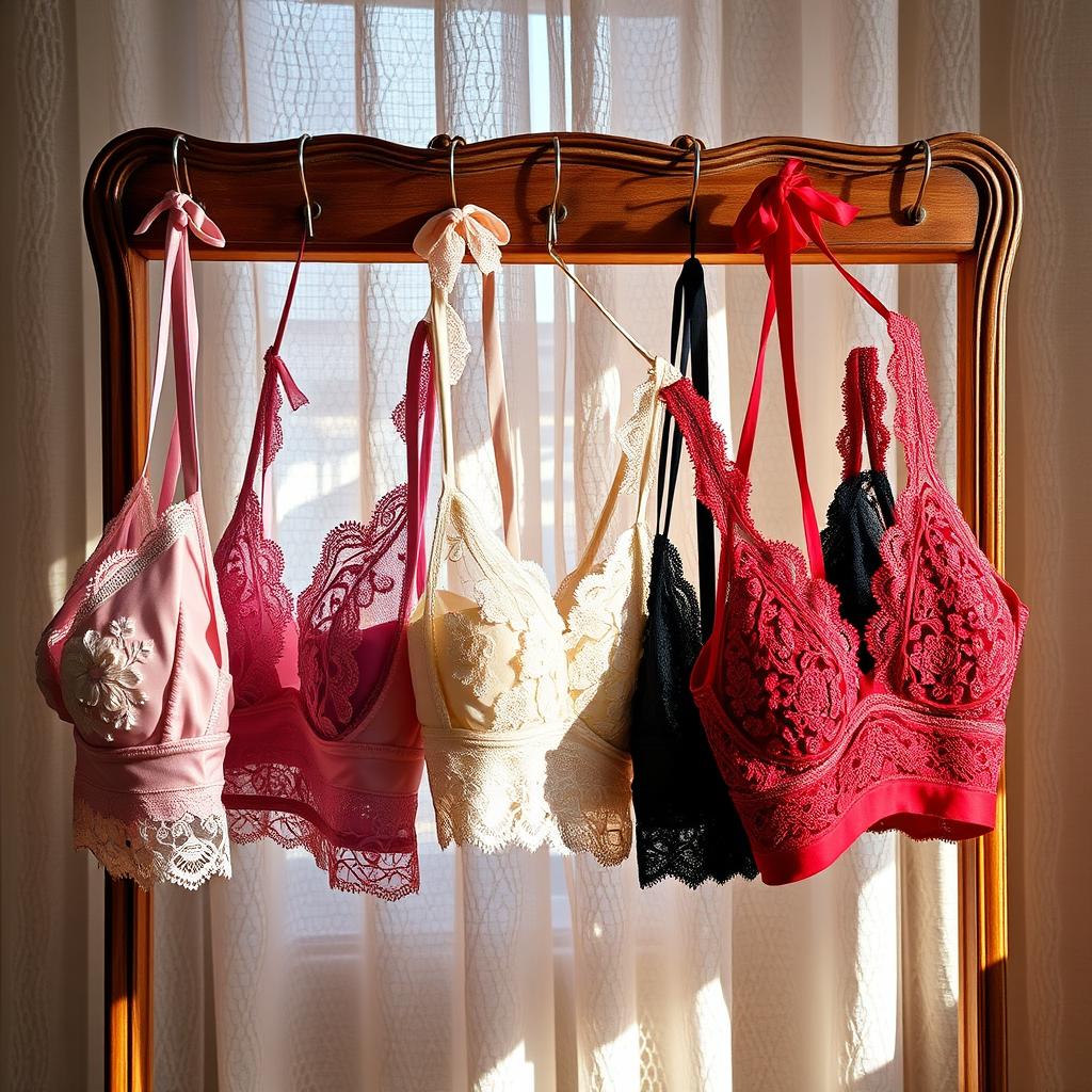 A beautifully displayed collection of elegant bras hanging on a vintage wooden rack, with soft, diffused sunlight filtering through a sheer lace curtain
