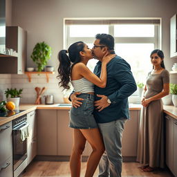 An Indian college girl wearing a stylish short skirt is sharing an intimate kiss with her father in a cozy, modern kitchen