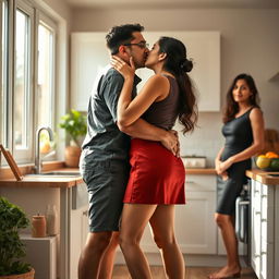 An Indian college girl wearing a stylish short skirt is sharing an intimate kiss with her father in a cozy, modern kitchen