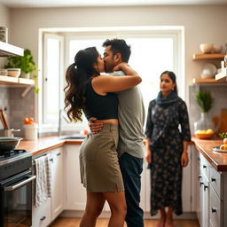 An Indian college girl wearing a stylish short skirt is sharing an intimate kiss with her father in a cozy, modern kitchen