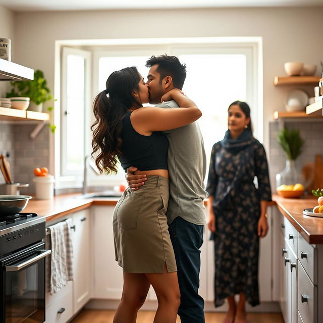 An Indian college girl wearing a stylish short skirt is sharing an intimate kiss with her father in a cozy, modern kitchen