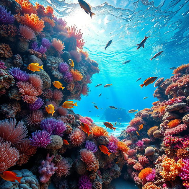 A stunning underwater scene depicting a vibrant coral reef, teeming with colorful marine life including various species of fish, sea turtles, and anemones