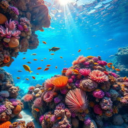 A stunning underwater scene depicting a vibrant coral reef, teeming with colorful marine life including various species of fish, sea turtles, and anemones