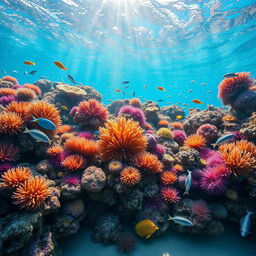 A stunning underwater scene depicting a vibrant coral reef, teeming with colorful marine life including various species of fish, sea turtles, and anemones