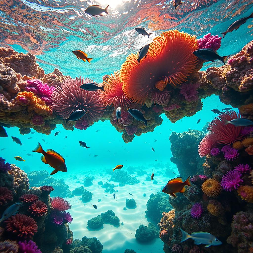 A stunning underwater scene depicting a vibrant coral reef, teeming with colorful marine life including various species of fish, sea turtles, and anemones