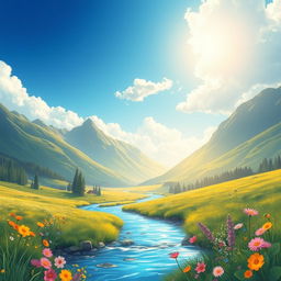 A serene and beautiful illustration of a picturesque landscape, showcasing a peaceful river flowing through a lush green valley