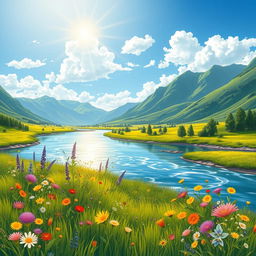 A serene and beautiful illustration of a picturesque landscape, showcasing a peaceful river flowing through a lush green valley