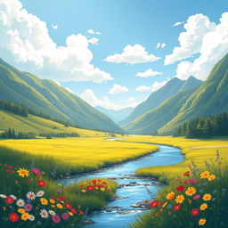 A serene and beautiful illustration of a picturesque landscape, showcasing a peaceful river flowing through a lush green valley