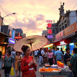 A vibrant and lively street scene in an Asian city during dusk, showcasing diverse groups of people, colorful shops, and street food vendors